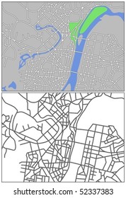 Layered editable vector streetmap of Pyongyang,North Korea,which contains lines and colored shapes for lands,roads,rivers and parks.