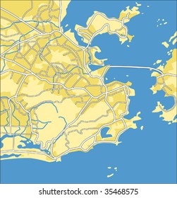 Layered editable vector streetmap of Rio de Janeiro,Brazil,which contains lines and colored shapes for lands,roads,rivers and parks.