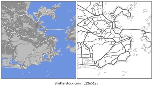 Layered editable vector streetmap of Rio de Janeiro,Brazil,which contains lines and colored shapes for lands,roads,rivers and parks.