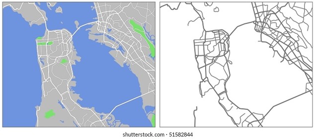 Layered editable vector streetmap of San Francisco,America,which contains lines and colored shapes for lands,roads,rivers and parks.