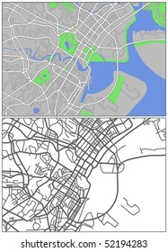 Layered editable vector streetmap of Singapore,which contains lines and colored shapes for lands,roads,rivers and parks.