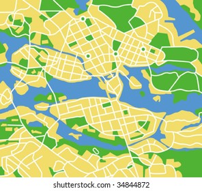 Layered editable vector streetmap of Stockholm,Sweden,which contains lines and colored shapes for lands,roads,rivers and parks.