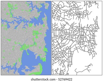 Layered editable vector streetmap of Sydney,Australia,which contains lines and colored shapes for lands,roads,rivers and parks.