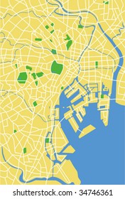 Layered editable vector streetmap of Tokyo,Japan,which contains lines and colored shapes for lands,roads,rivers and parks.