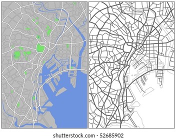 Layered editable vector streetmap of Tokyo,Japan,which contains lines and colored shapes for lands,roads,rivers and parks.