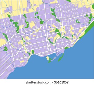 Layered Editable Vector Streetmap Of Toronto,Canada,which Contains Lines And Colored Shapes For Lands,roads And Parks.