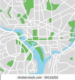 Layered editable vector streetmap of Washington DC,America,which contains lines and colored shapes for lands,roads,rivers and parks.