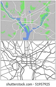 Layered editable vector streetmap of Washington DC,America,which contains lines and colored shapes for lands,roads,rivers and parks.