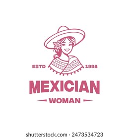 Layered EPS Beautiful Mexician Woman With Hat.Lady Mexico Wear Culture Clothes Logo Design V