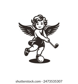 Geschichtete EPS Cupid Griechische Mhytologie Spielen Golf.Baby Eros schwingen einen Schläger für Turnier Sport Logo Design