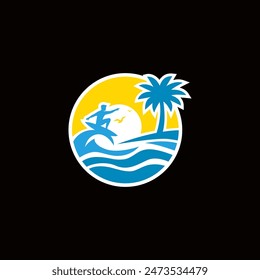 Layered EPS Surfer Action Silhouette on Ocean Sea Wave With Palm Tree for Summer Beach Surfing Holiday Vacation logo