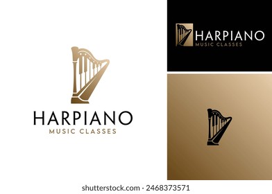 Layered EPS Vector of Acoustic Musical orchestra instruments Piano Key and Harp String for Symphony Music Course School or Pianist Harpist Classic logo design