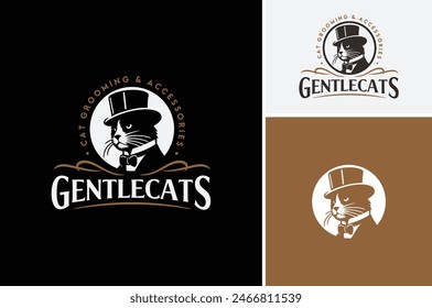 Vector EPS en capas de gato negro lleva traje de esmoquin de caballero con pajarita y sombrero superior de fieltro victoriano para mascotas felinas Grooming Salon y diseño de logotipo clásico vintage de la belleza de la moda