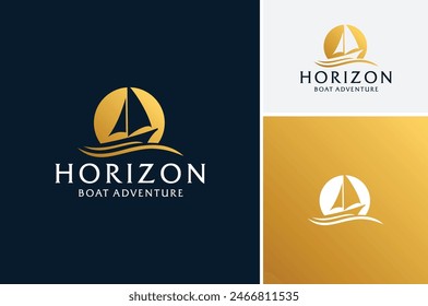 Layered EPS Vector of Golden Moon or Sun Sunset with Sail Boat Ship Vessel and sea wave for Ocean Sailing Adventure Travel Trip Transportation logo design