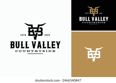 Geschichtetes EPS-Vektorgrafik-Anfangsbuchstabe V und B oder VB BV Monogramm mit Longhorn Bull Cow Horns für Western Cattle Viehzucht Farm Klassisch Label Logo Design