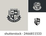 Layered EPS Vector of king crown, book, champion trophy cup, skeleton key and scroll ribbon for Family Emblem or Kingdom Realm Coat of Arms or School University Badge logo design 