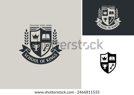 Layered EPS Vector of king crown, book, champion trophy cup, skeleton key and scroll ribbon for Family Emblem or Kingdom Realm Coat of Arms or School University Badge logo design 