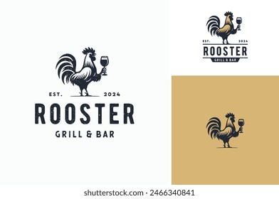 Layered EPS Vector Male Chicken or Rooster holds a glass of wine for Pub Bar Beverages Restaurant Vintage Classic logo design