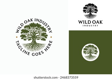 Layered EPS Vector of Old Oak Maple Chestnut Tree with Heavy Roots with Circular Label Emblem Badge Stamp for Trunk Wood Timber Lumber logo design