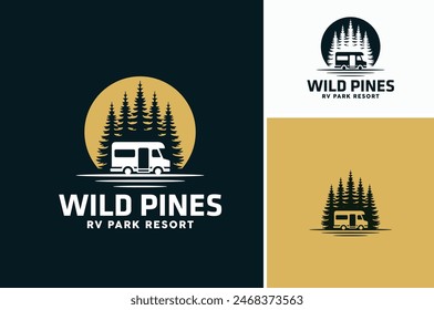 Layered EPS Vector of RV Camper Van Caravan Mobile Car Vehicle Silhouette with Pine Spruce Tree for Forest Camp Adventure Trip Logo Design