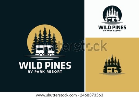 Layered EPS Vector of RV Camper Van Caravan Mobile Car Vehicle Silhouette with Pine Spruce Tree for Forest Camp Adventure Trip Logo Design