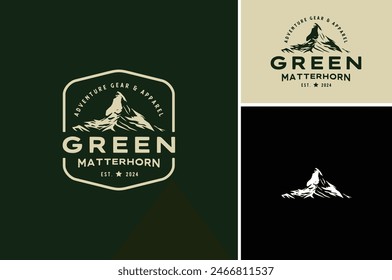 Layered EPS Vector of Swiss Top Peak Mount of Matterhorn Alps Mountain Switzerland Silhouette for Adventure Outdoor Vintage Label Logo Design