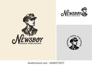 Geschichtete EPS-Vektorgrafik des Klassischen Boy Kid mit Cadet Flat Cap für Newsboy oder Paperboy Classic Drawing Illustration Logo Design