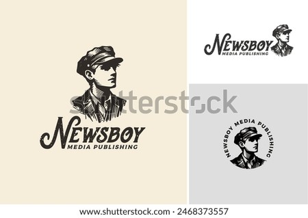 Layered EPS Vector of Vintage Boy Kid with Cadet Flat Cap for Newsboy or Paperboy Classic Drawing Illustration logo design