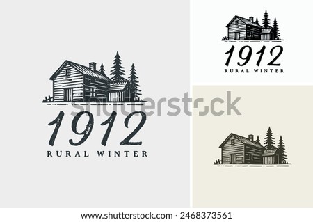 Layered EPS Vector of wooden lodge rural log cabin rustic village house in the pine forest woods logo vintage classic illustration design