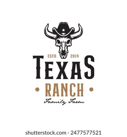 Mehrschichtige EPS Klassisch Retro Skull Longhorn mit Hut für Texas Ranch Farm Logo Design	
