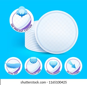 Layered extra soft cosmetic cotton pads while offering excellent non-irritating skin care, protection and comfort. Concept with icons. Vector eps10.