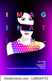 Layered face with imagination quote. Trendy poster with woman face.