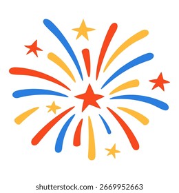 Geschichtetes Feuerwerk mit Sternen in Rot-Blau und Gelb. Isolierte Vektor in Cartoon flachen Stil, perfekt für Independence Day Dekor. Stockvektorgrafik im flachen Stil.