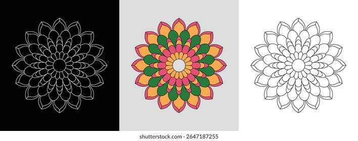 Layered flower mandala with petal shapes and vibrant color accents for floral decor.