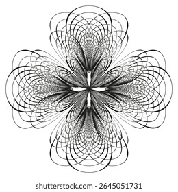 Layered flower shape. Black white symmetry. Circular abstract figure. Vector petal illusion.