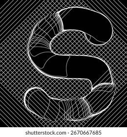 Líneas en capas y fluidas que forman una letra abstracta S en una cuadrícula con rayas diagonales