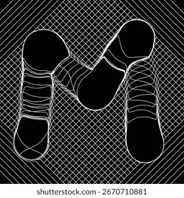 Linhas em camadas e fluindo formando uma letra abstrata M em uma grade com listras diagonais