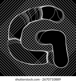 Líneas en capas y fluidas que forman una letra abstracta G en una cuadrícula con rayas diagonales