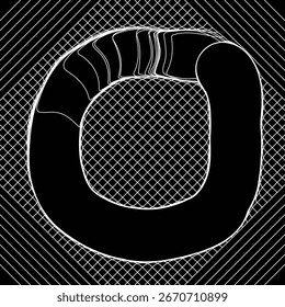 Layered and flowing lines forming an abstract letter O on a grid with diagonal stripes