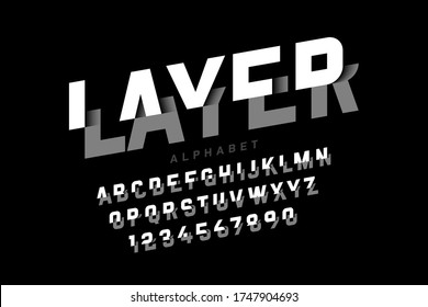 Layered font, alphabet letters and numbers vector illustration
