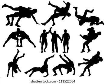 Layered and fully editable wrestling vector silhouettes. This could stand for greco-roman, freestyle, collegiate, scholastic, amateur wrestling or MMA.