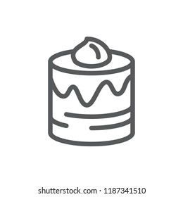 Layered glazed round cake pixel perfect icon with editable stroke isolated on white background - line symbol of sweet baked pastry decorated with icing and cream in vector illustration.