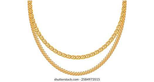 Layered Gold Chain Necklace On White Background, Unique Fine Jewelry Vector Illustration.	