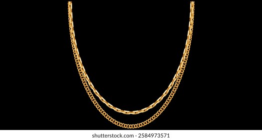 Layered Gold Chain Necklace On Black Background, Unique Fine Jewelry Vector Illustration.	