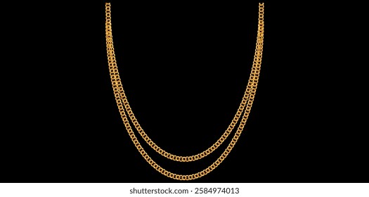 Layered Gold Chain Necklace On Black Background, Unique Fine Jewelry Vector Illustration.	