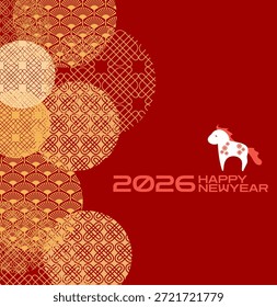 Layered golden circular patterns decorate a deep red background alongside a small white horse silhouette This sophisticated composition blends traditional Chinese motifs with a clean and minimal aesthetic style