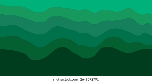 Layered green abstract landscape with smooth wavy shapes resembling hills or forest layers. Great for nature themes, maps, or backgrounds. Keywords: green, abstract, layered, hills, landscape