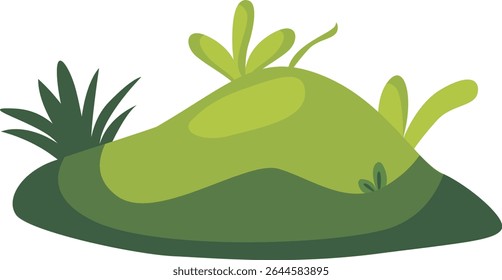 Layered green hill with fresh grass and small leafy plants, suitable for nature scenery, eco-friendly landscape design, garden backgrounds, outdoor environment visuals, and spring natural illustration