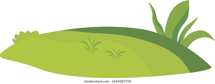 Layered green hill with fresh grass and leafy plants, suitable for nature scenery, eco-friendly landscape design, garden decoration, outdoor environment visuals, spring themes.
