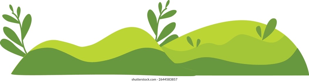 Layered green hills with bushes and fresh leaves, perfect for nature backgrounds, eco-friendly garden scenery, outdoor landscape design, natural environment visuals, and wild nature illustrations.